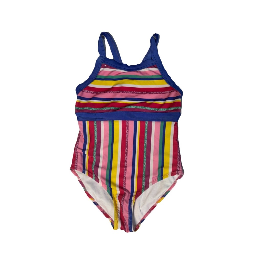 Calvin Klein GIRLS MULTISTRIPE LOGO ONE-PIECE SWIMSUIT Dazz M 8/10 Swim Swimwear